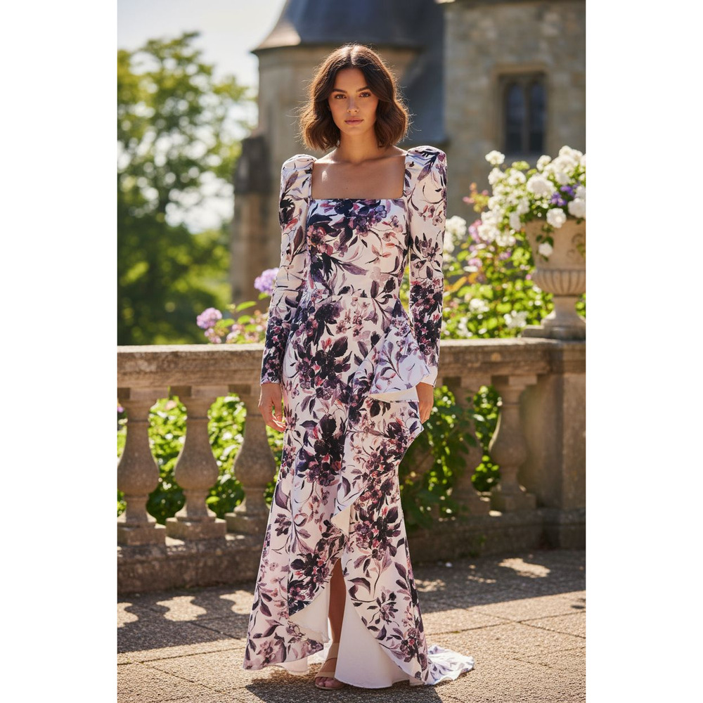 Badgley Mischka Floral Puff Sleeve High-Low Gown Size 6 MSRP $860